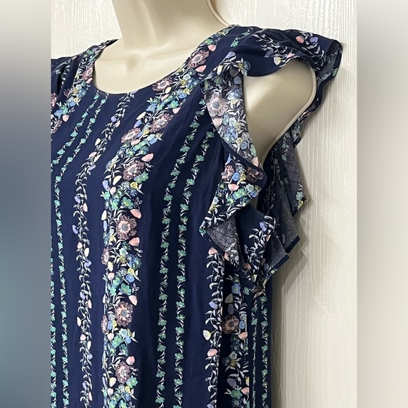 Old Navy Dark Blue Ruffle Shoulder Dress with Pastel Floral Size Small - Picture 3 of 12